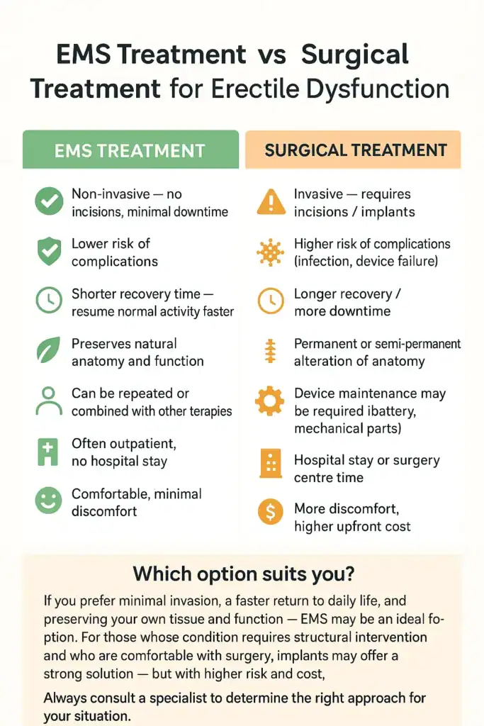 A table showing the benefits of EMS chair for erectile dysfunction treatment Plymouth compared to surgery.