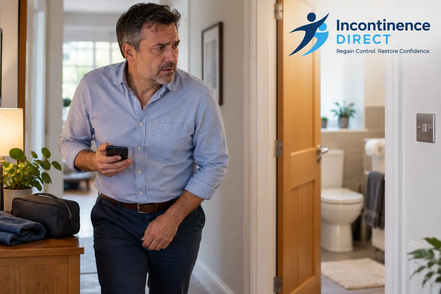 Worried Man Near Open Bathroom affected from faecal incontinence safety tips from incontinence direct Plymouth