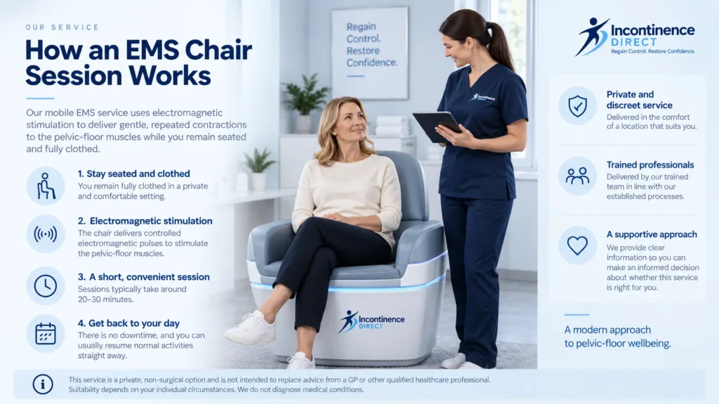 how ems chair session works at incontinence direct Plymouth a detailed infographics for the incontinence process